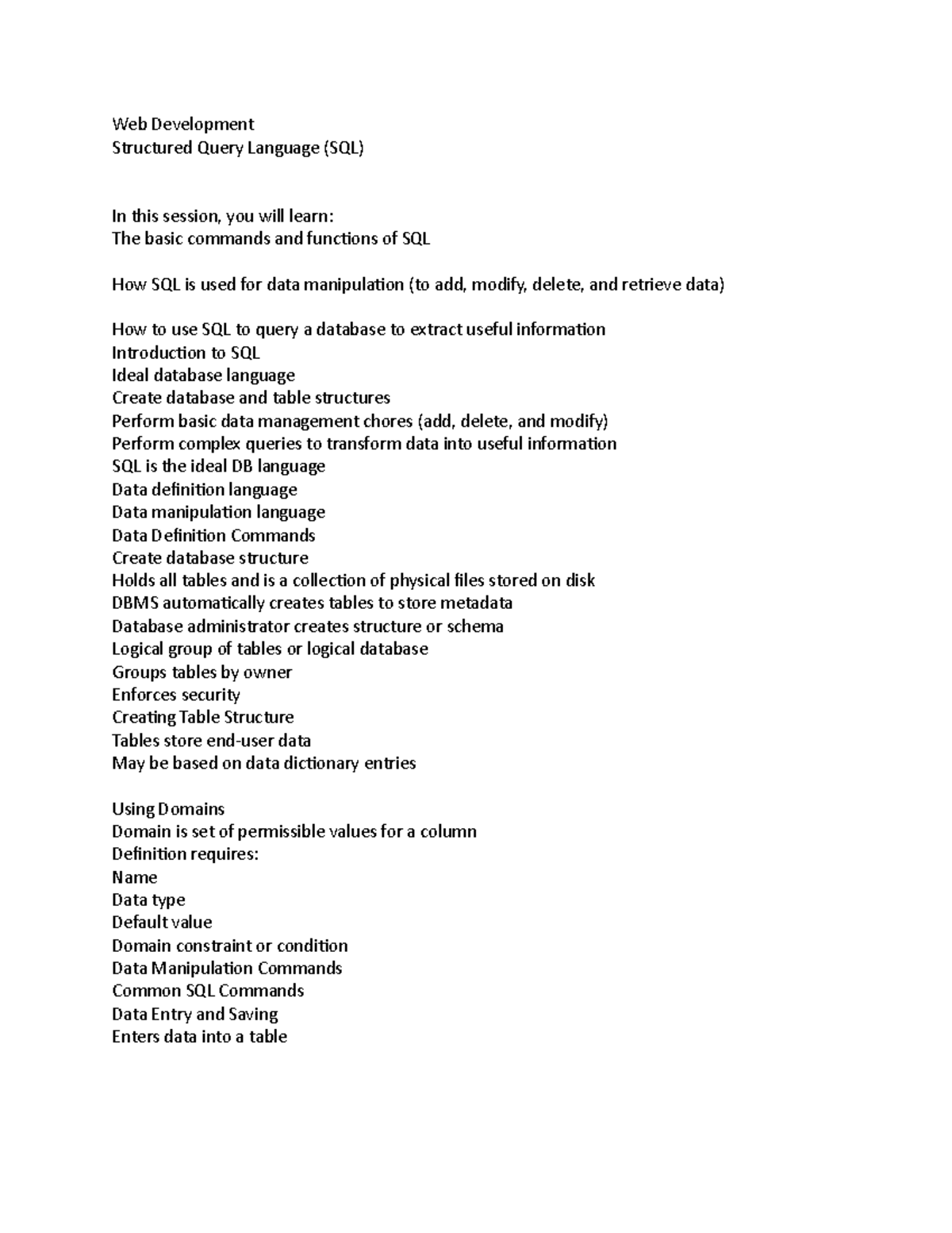 Sqldev - Lecture notes 5 - Web Development Structured Query Language ...