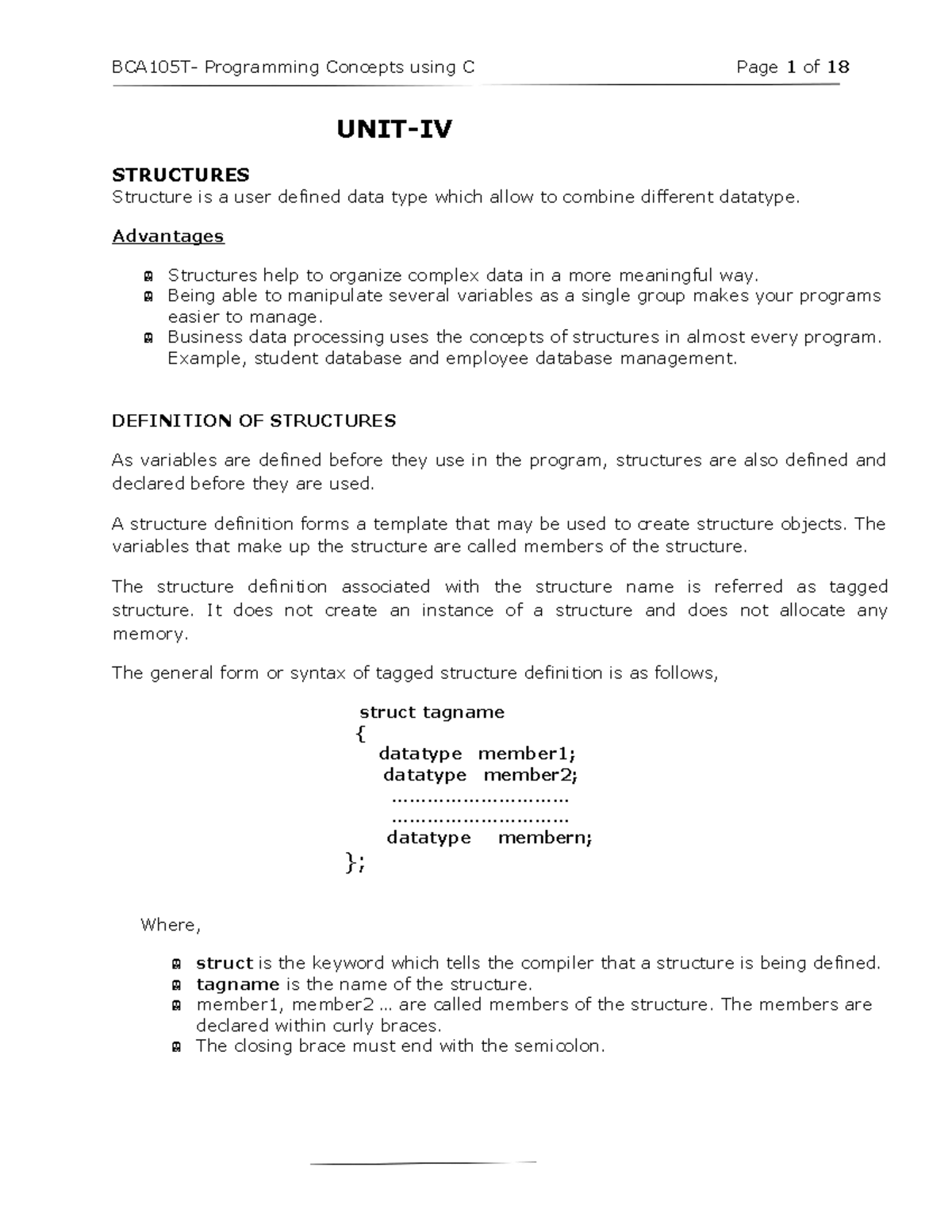 BCA105T - Unit IV Lecture Notes: Structures and Pointers in C - Studocu