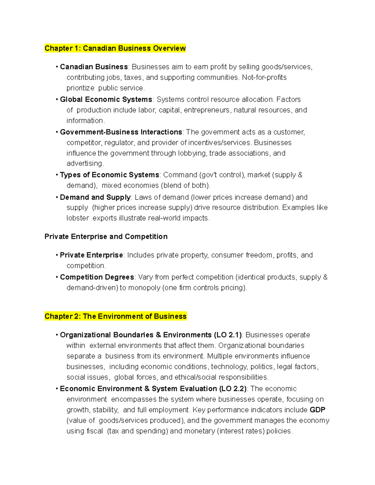 Final review notes - Chapter 1: Canadian Business Overview Canadian ...