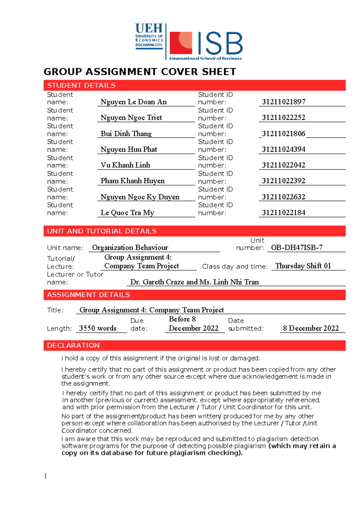 OB7 Group-6 Company-Team-Project-Report - GROUP ASSIGNMENT COVER SHEET ...