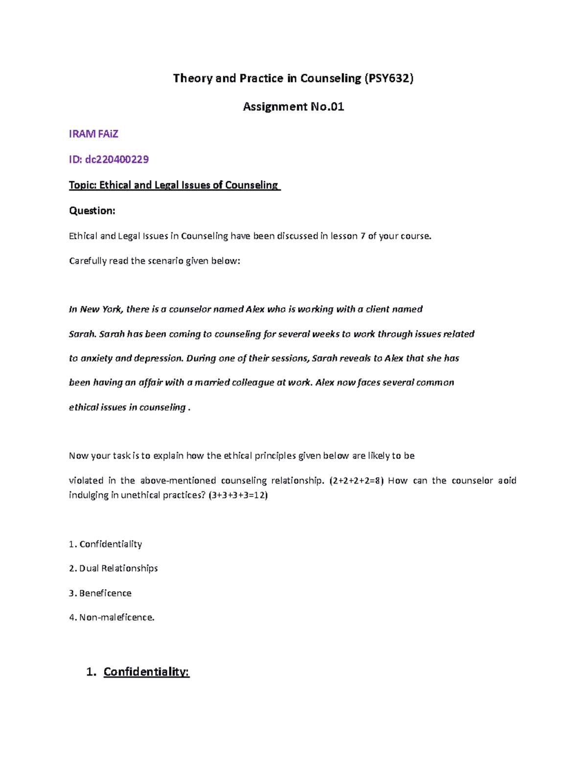 Ethical & Legal Issues in Counseling - PSY632 Assignment 1 - Studocu