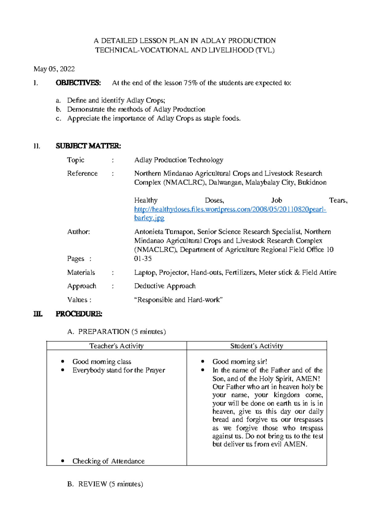 A DETAILED LESSON PLAN ON ADLAY PRODUCTION (TVL) - Studocu