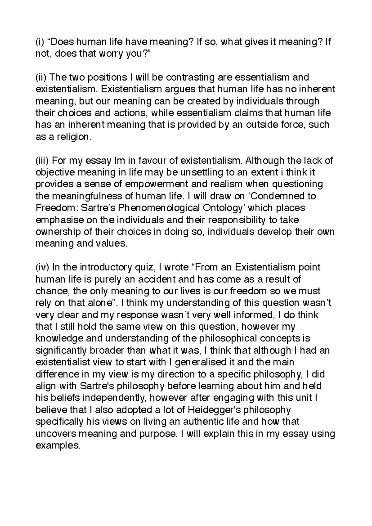 Existentialism vs Essentialism: Essay Prep Task for PHIL 101 - Studocu