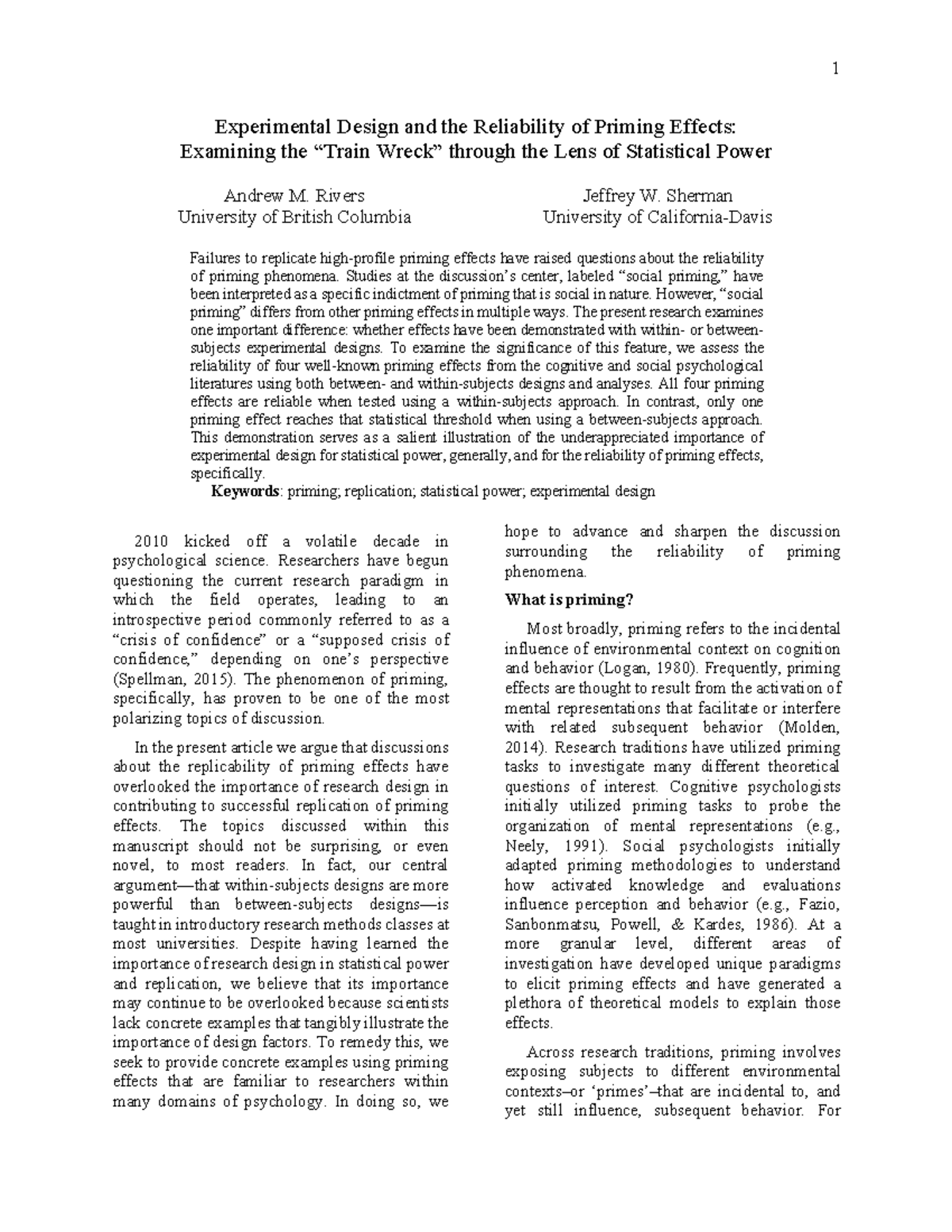 Priming Design and Replicability - Experimental Design and the ...