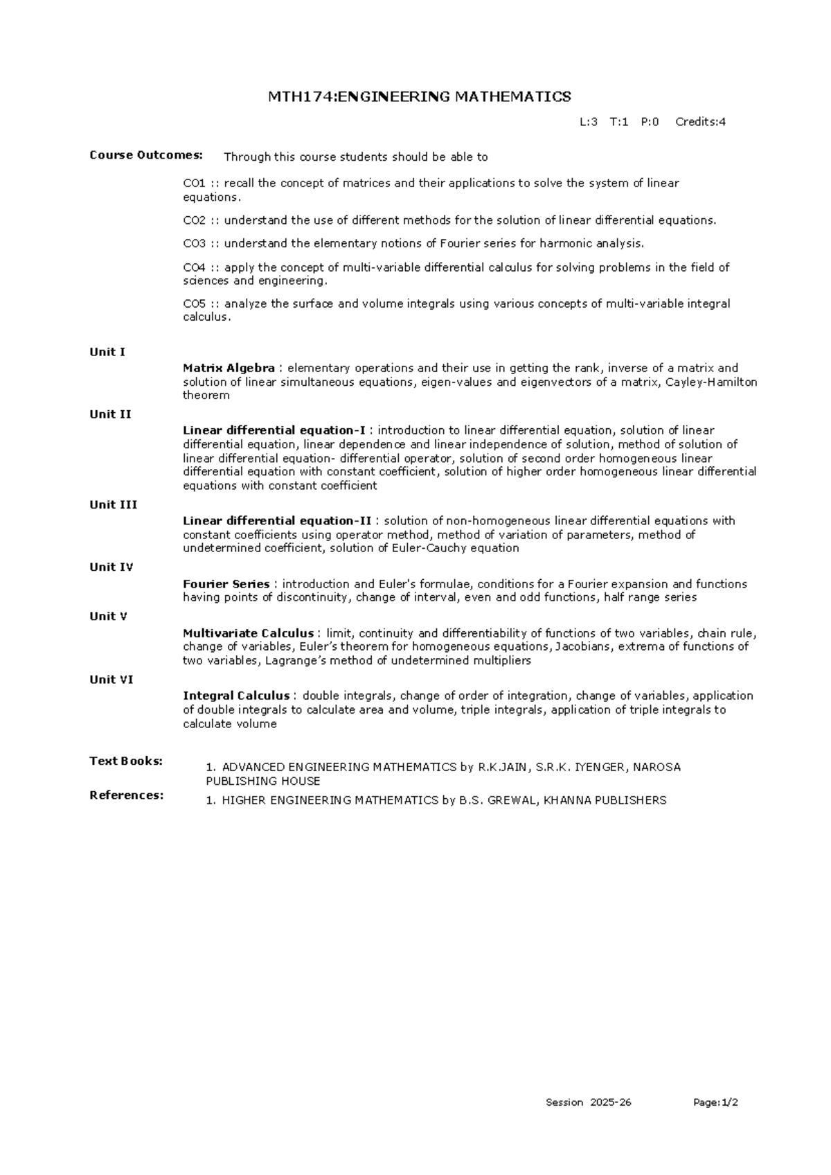 MTH174: Engineering Mathematics Syllabus & Course Outcomes - Studocu