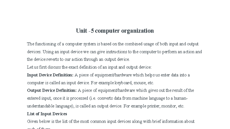 CAO Unit 5 - Computer Organization: Input & Output Devices - Studocu