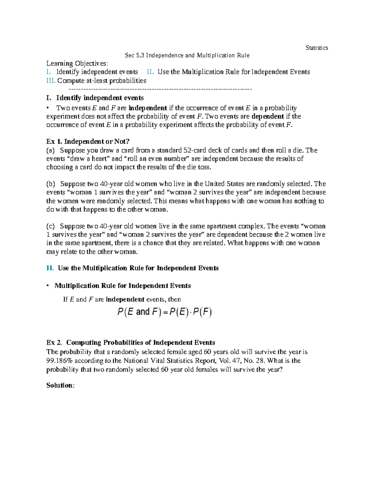 Statistics Sec 5.3: Independence & Multiplication Rule - Studocu