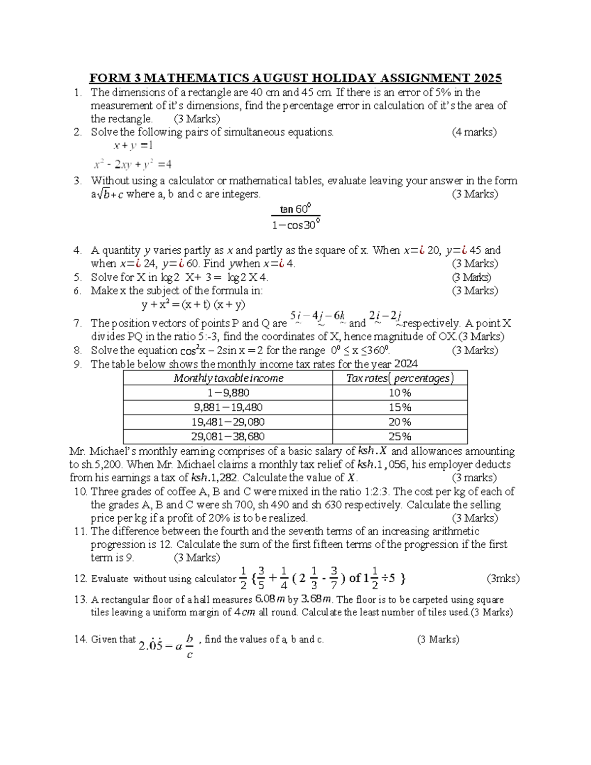 FORM 3 MATHEMATICS AUGUST HOLIDAY ASSIGNMENT 2025 - Studocu