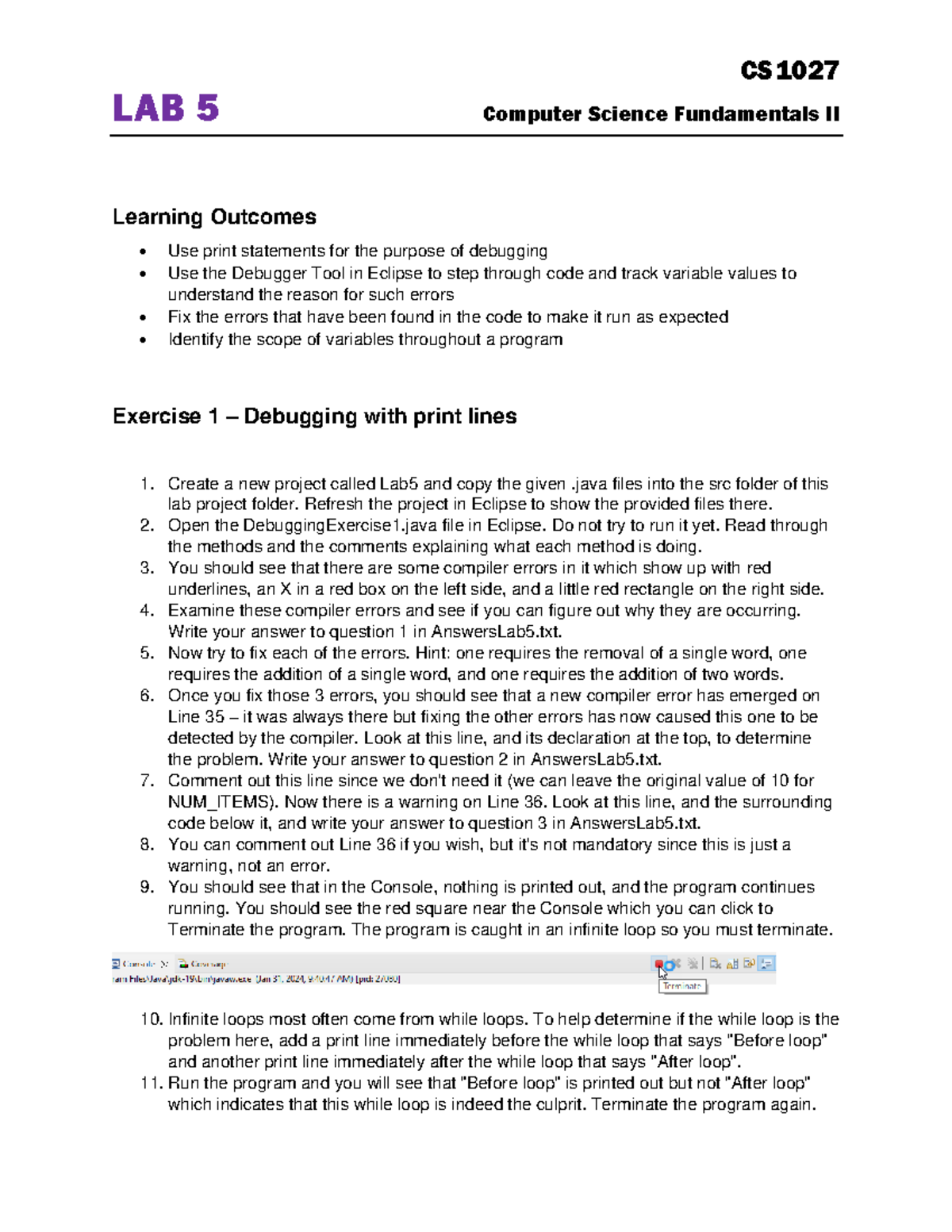 LAB 5 CS1027 Computer Science Fundamentals II: Debugging & Variable ...