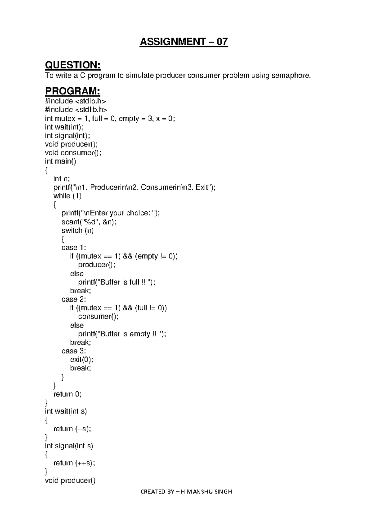 Os - Assignment - Operating system practical - CREATED BY – HIMANSHU ...