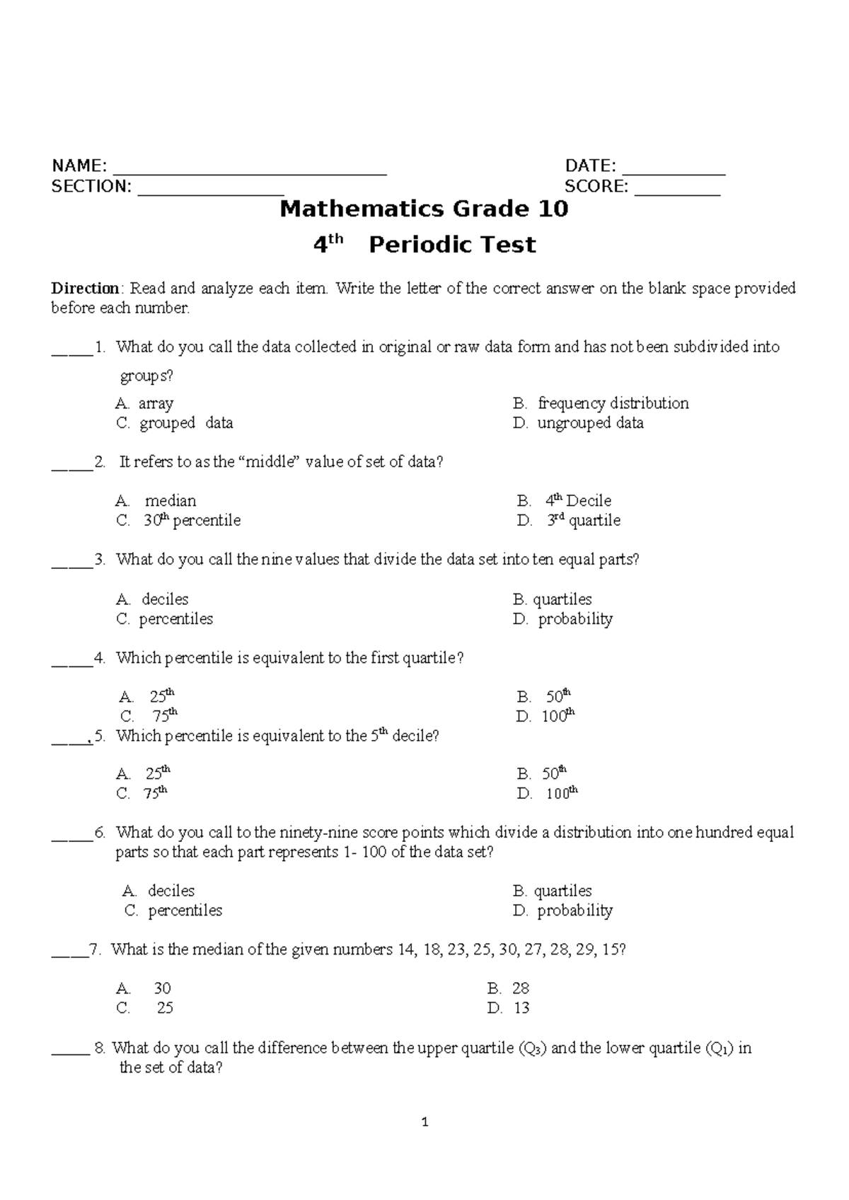 Mathematics Grade 10 4th Periodic Test Review and Answer Key - Studocu
