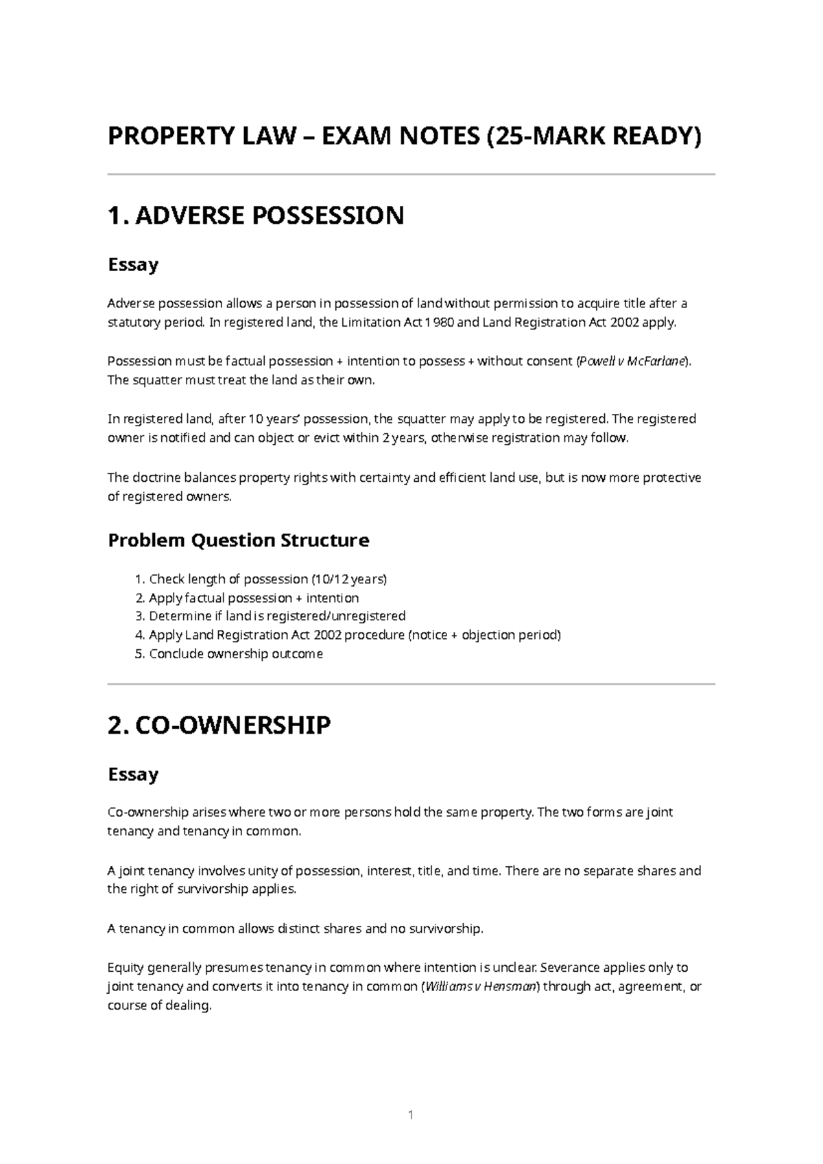PROPERTY LAW EXAM NOTES (FULL SET) - ADVERSE POSSESSION & MORTGAGES ...