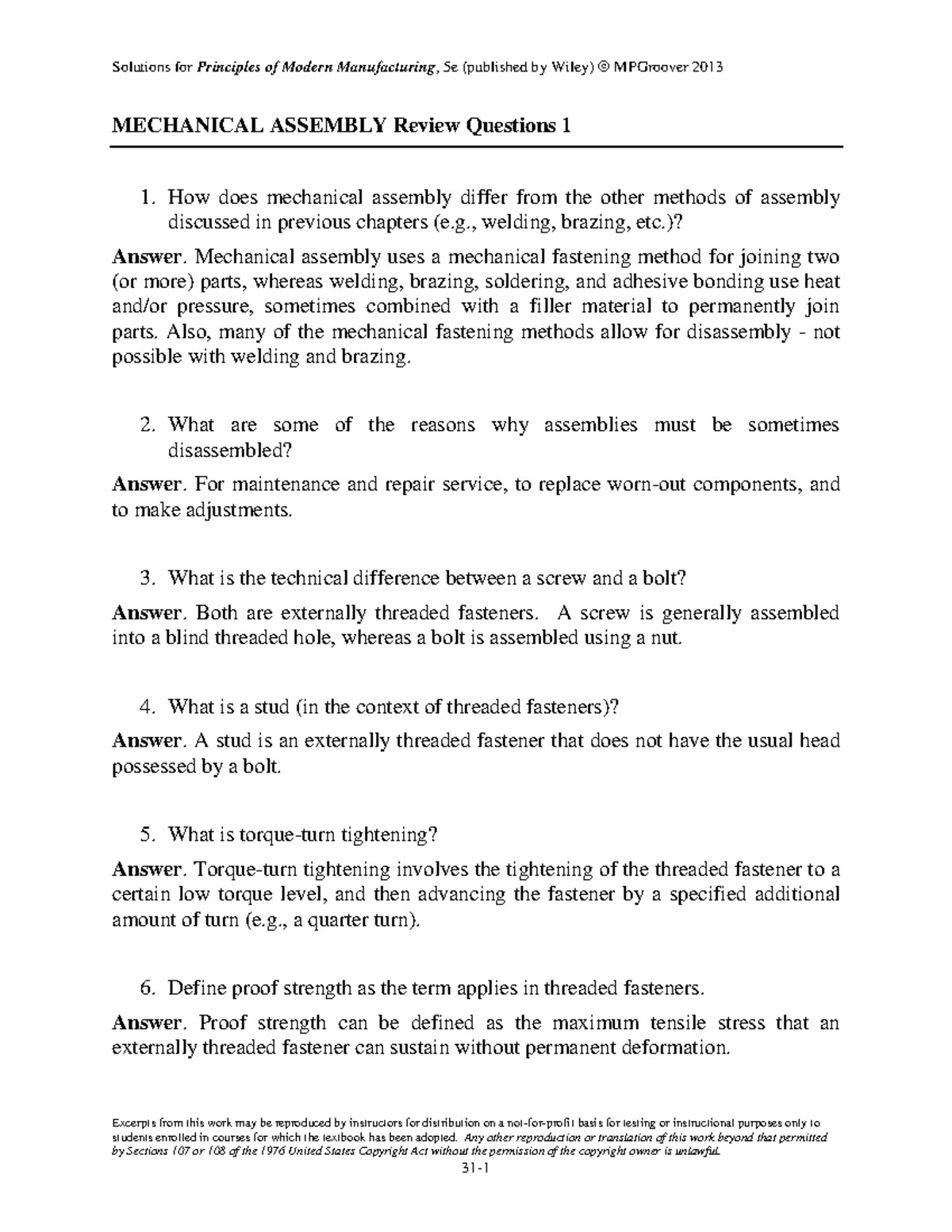 MECH 101: Assembly Review Questions & Answers for Study - Studocu