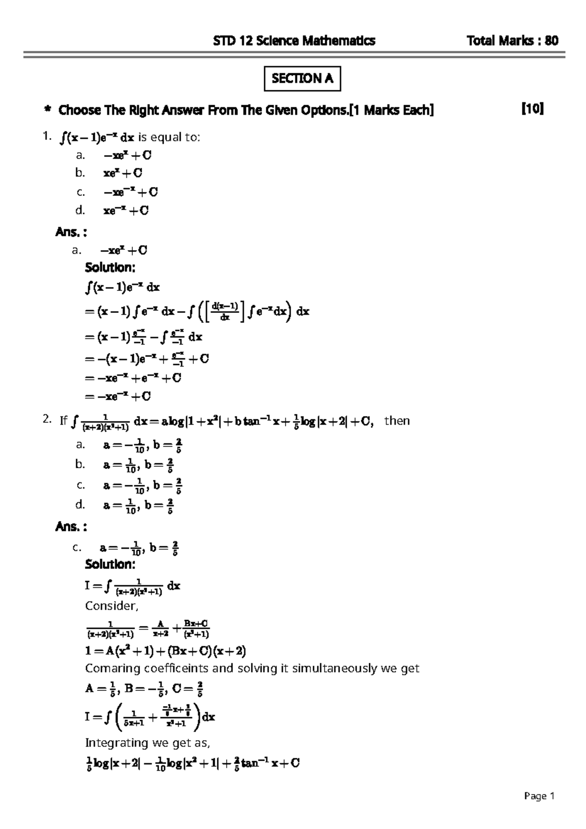 STD 12 Science Mathematics Total Marks: 80 - Solutions and Answers ...