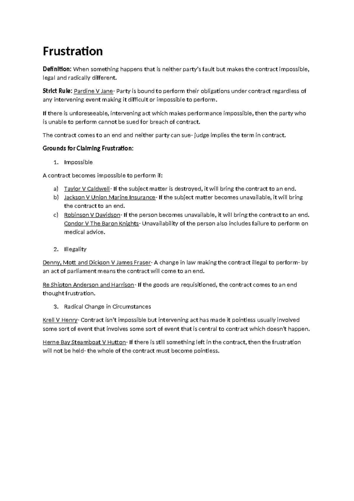 Frustration in Contract Law - OCR AO1 Lecture Notes - Studocu