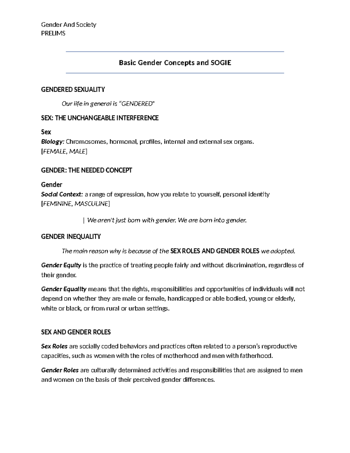 Gender and Society - PRELIMS Basic Gender Concepts and SOGIE GENDERED ...