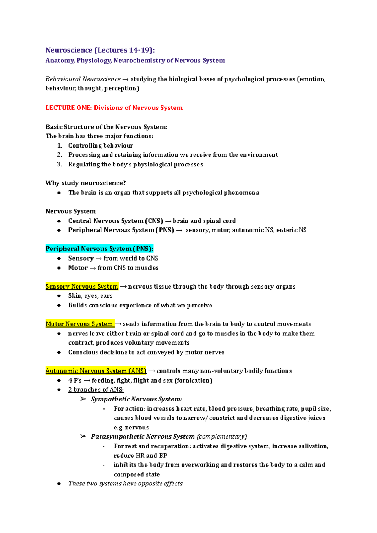 Neuroscience Notes PSYC1002 - Neuroscience (Lectures 14-19): Anatomy ...
