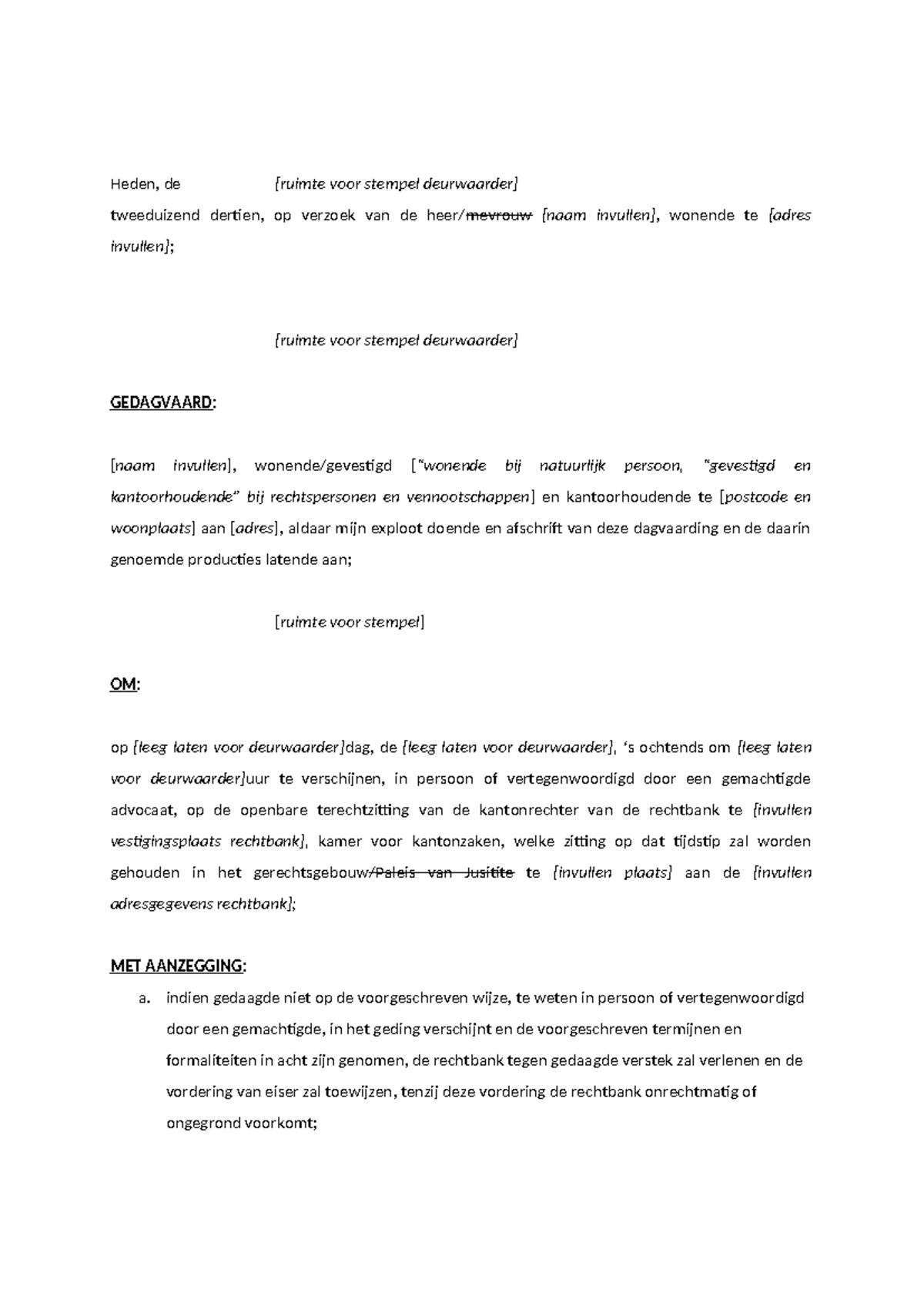 Voorbeeld Dagvaarding en Procedurele Instructies voor Gerechtszittingen ...