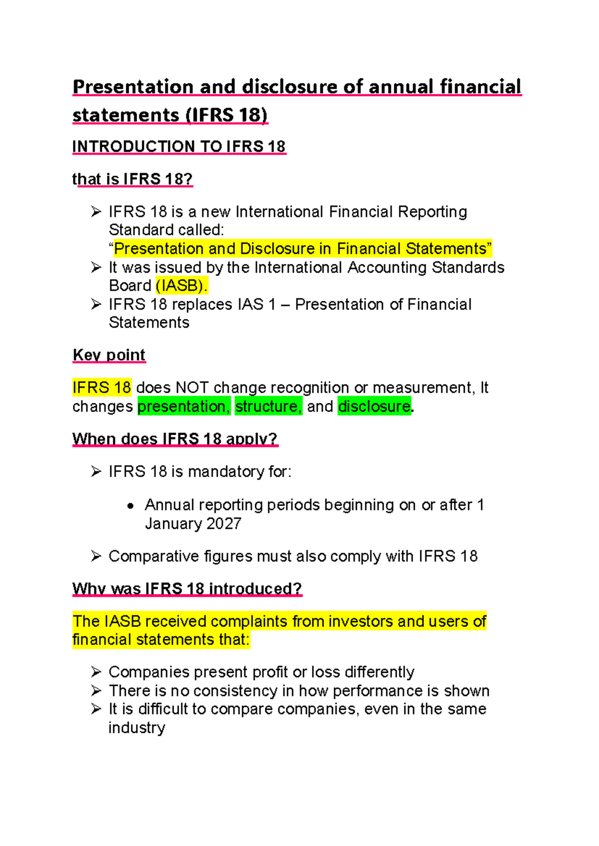 Understanding IFRS 18: Presentation and Disclosure Changes - Studocu