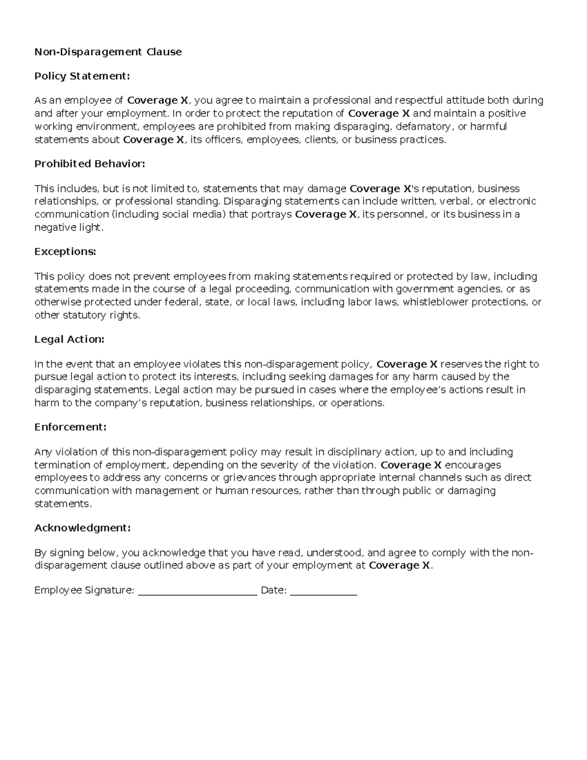 Non-Disparagement Clause Policy for Coverage X Employees - Studocu