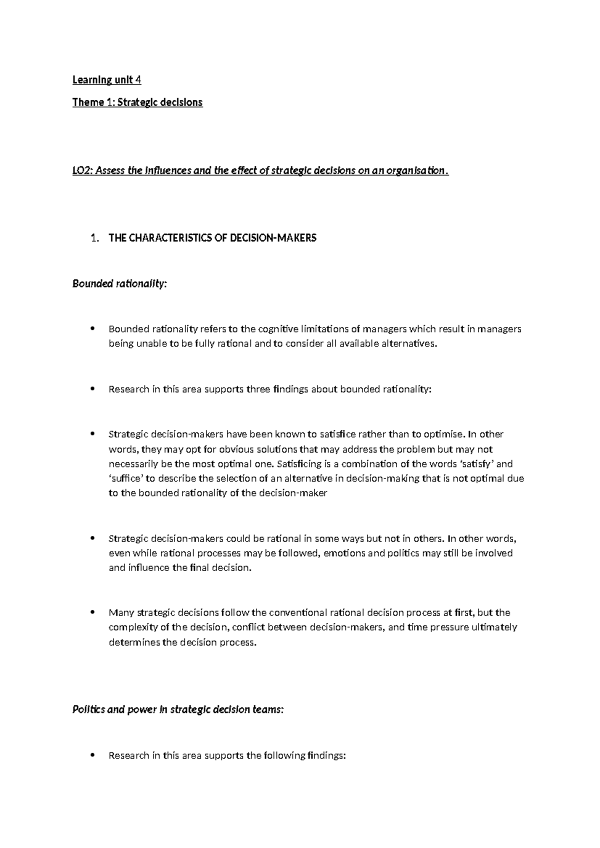 Learning Unit 4: Strategic Decisions and Influences on Organizations ...