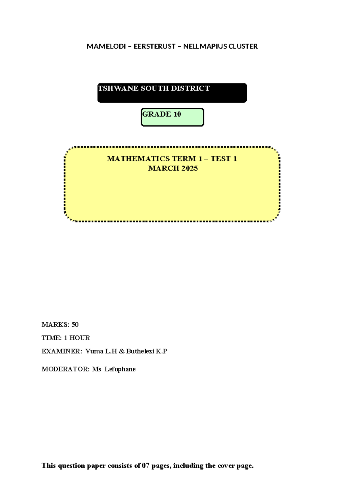 Grade 10 Maths Term 1 Controlled Test 2025 - Cluster Assessment - Studocu