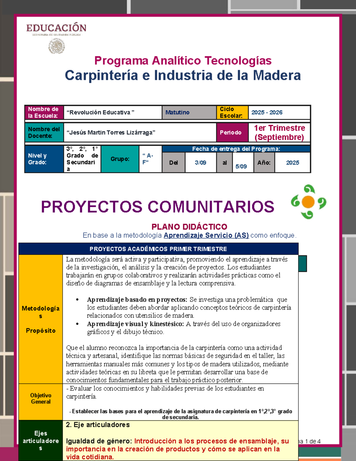 Planeación Didáctica de Carpintería e Industria de la Madera - 3º Sec. - Document Preview