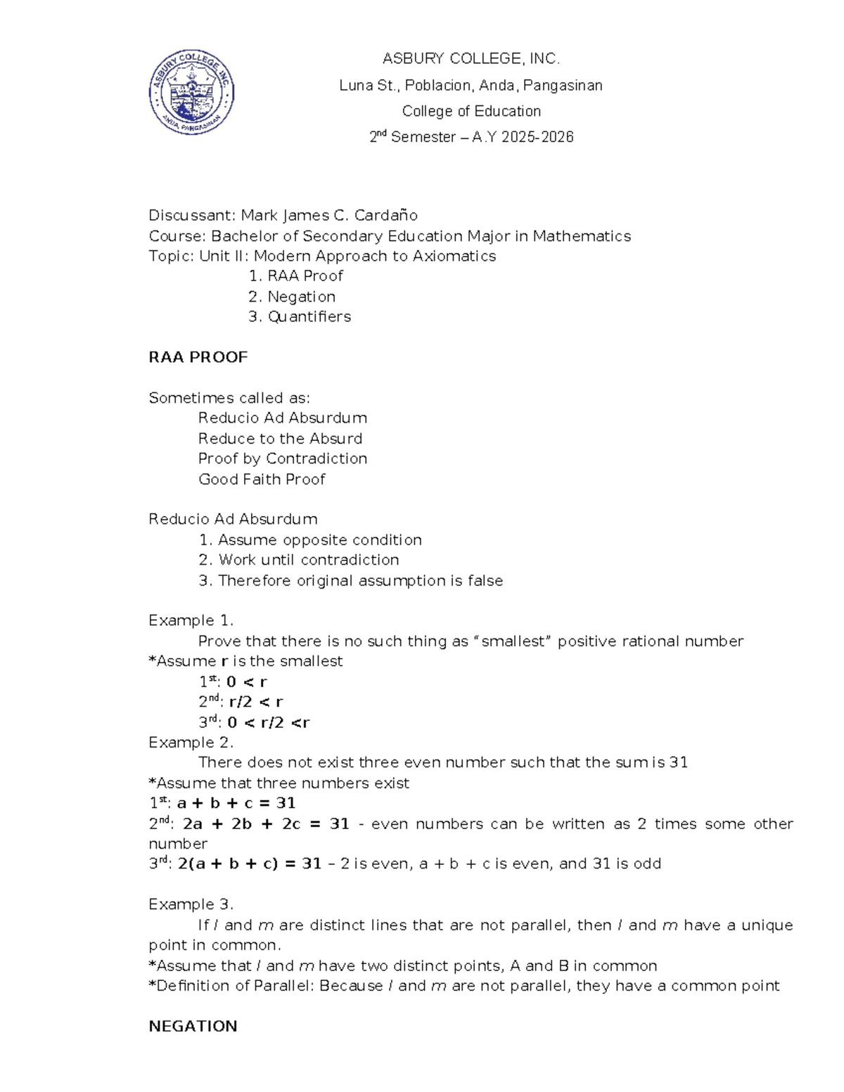 Modern Geometry Chapter 2: Axiomatics & Proof Techniques (BSED-Math ...