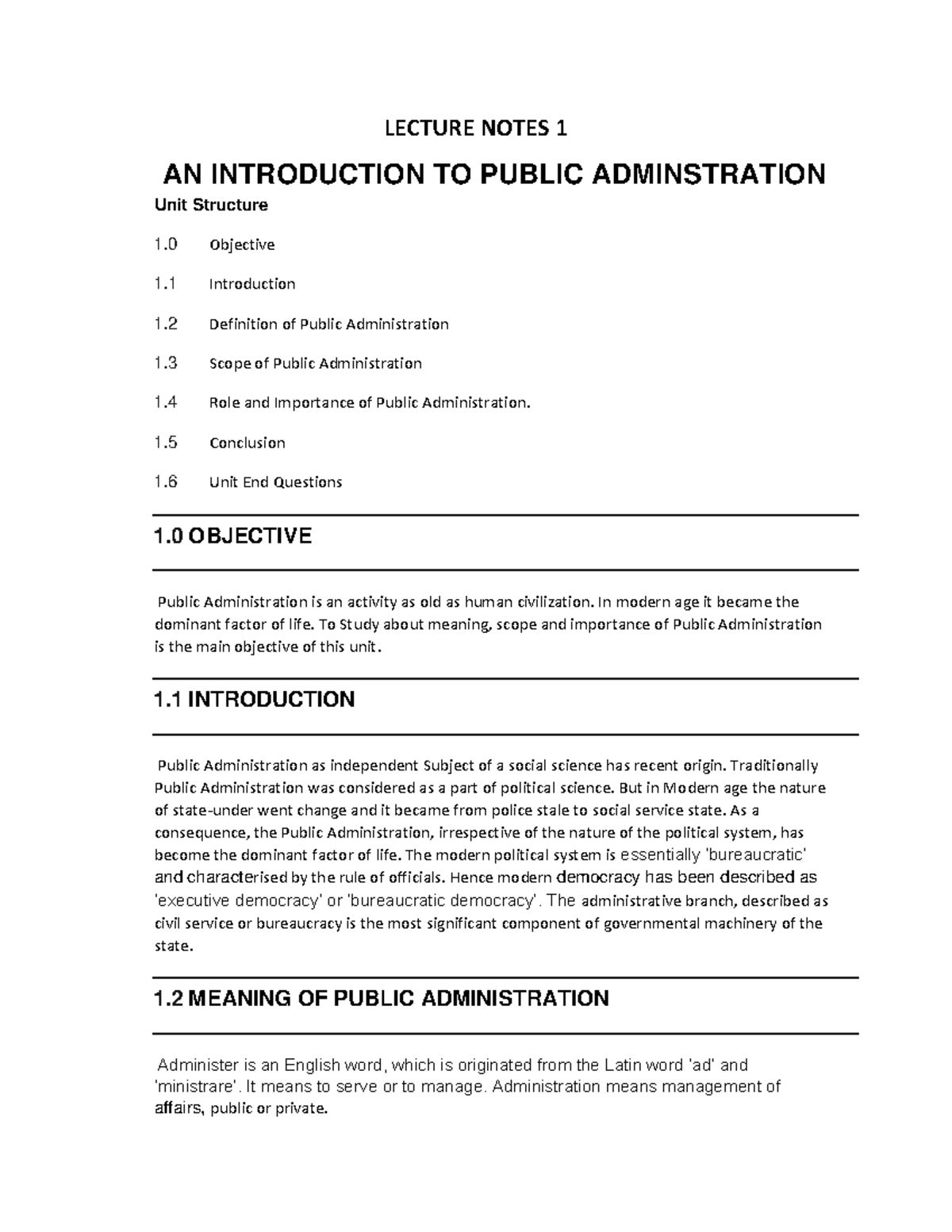 LN 1.1 - Lecture Notes on Introduction to Public Administration - Studocu