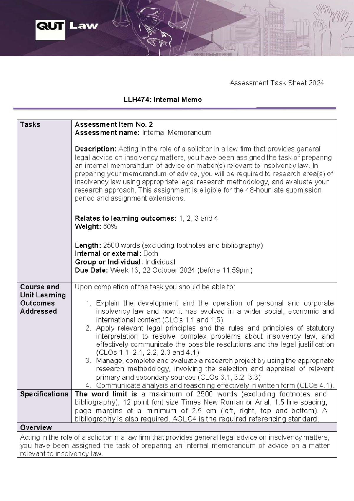Assessment 2 Task Sheet 2024 - Assessment Task Sheet 2024 LLH474 ...