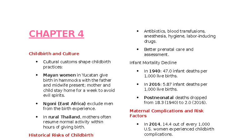 Dev4 - devpsy - CHAPTER 4 Childbirth and Culture Cultural customs shape ...