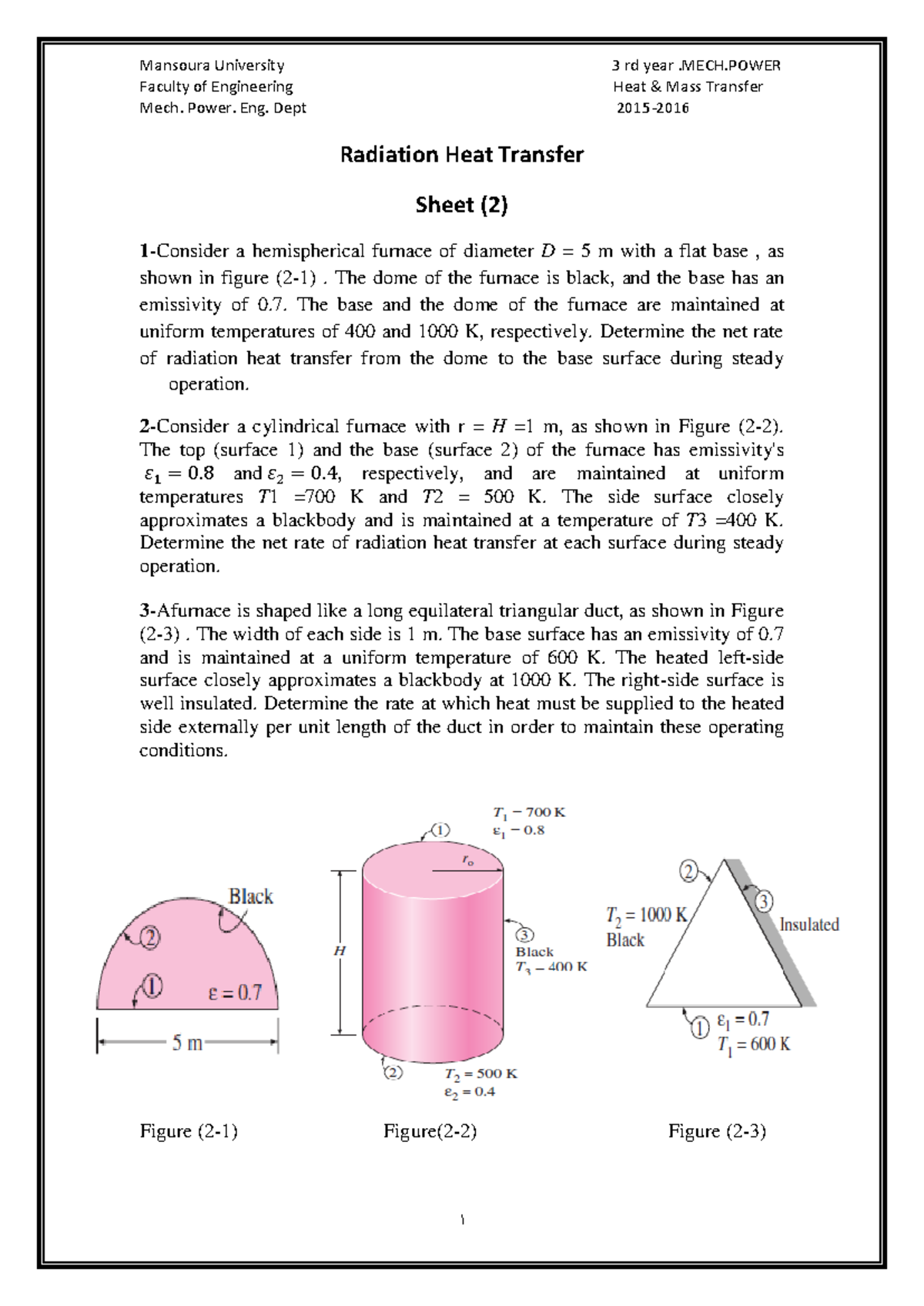 MECH.POWER 3rd Year Radiation Heat Transfer Sheet 2 Solutions - Studocu