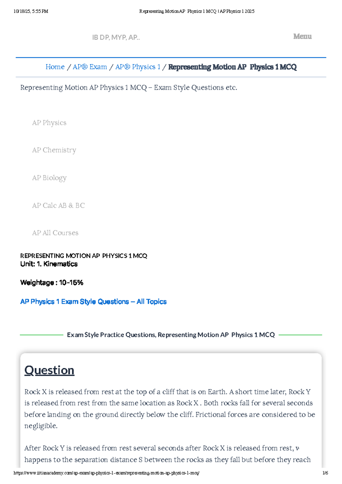 Representing Motion AP Physics 1 MCQ Exam Style Questions 2025 - Studocu