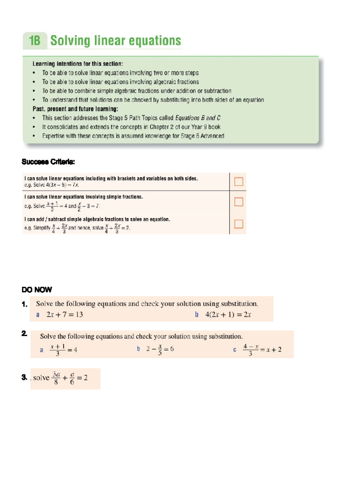 Linear Equations: Success Criteria & Exercises 1B, 5G, 5I, 5J - Studocu
