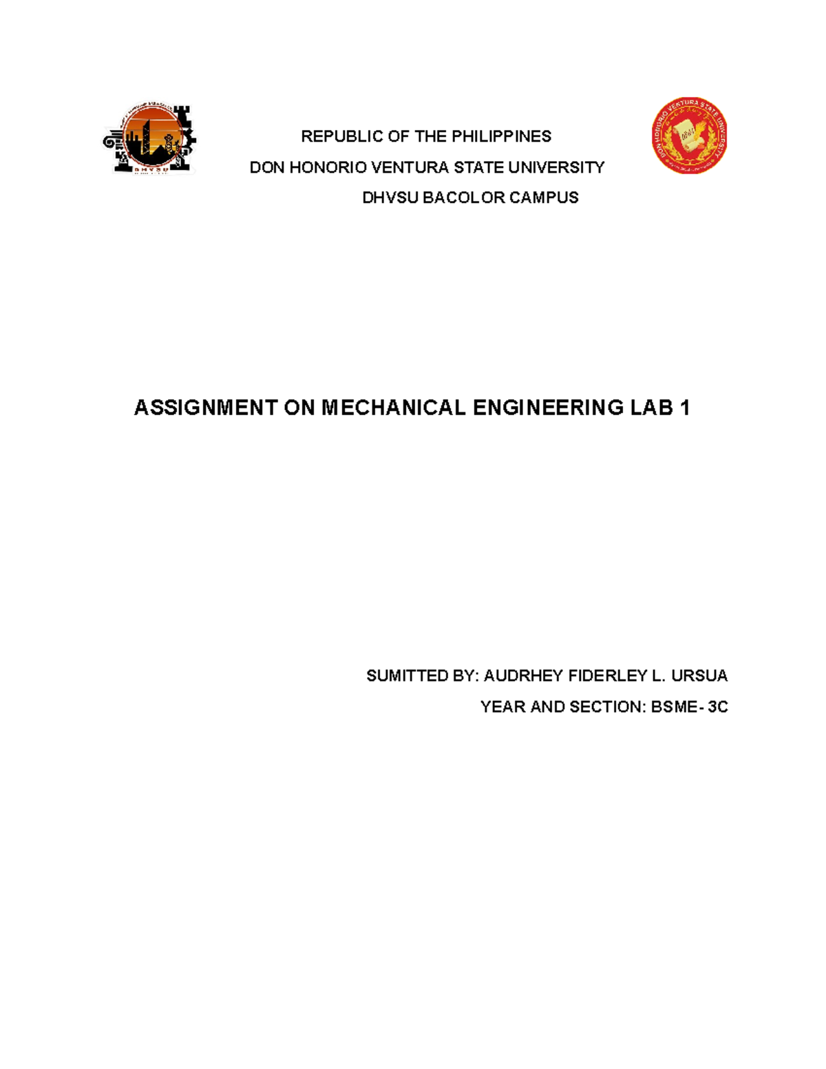 ME LAB Assignment - ME LAB - mechanical engineering - REPUBLIC OF THE ...