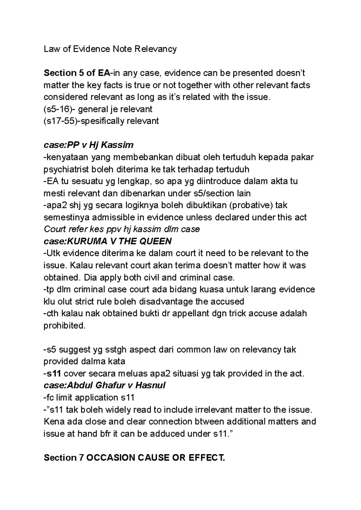 Final Exam Notes on Relevancy - Law of Evidence (LE 101) - Studocu