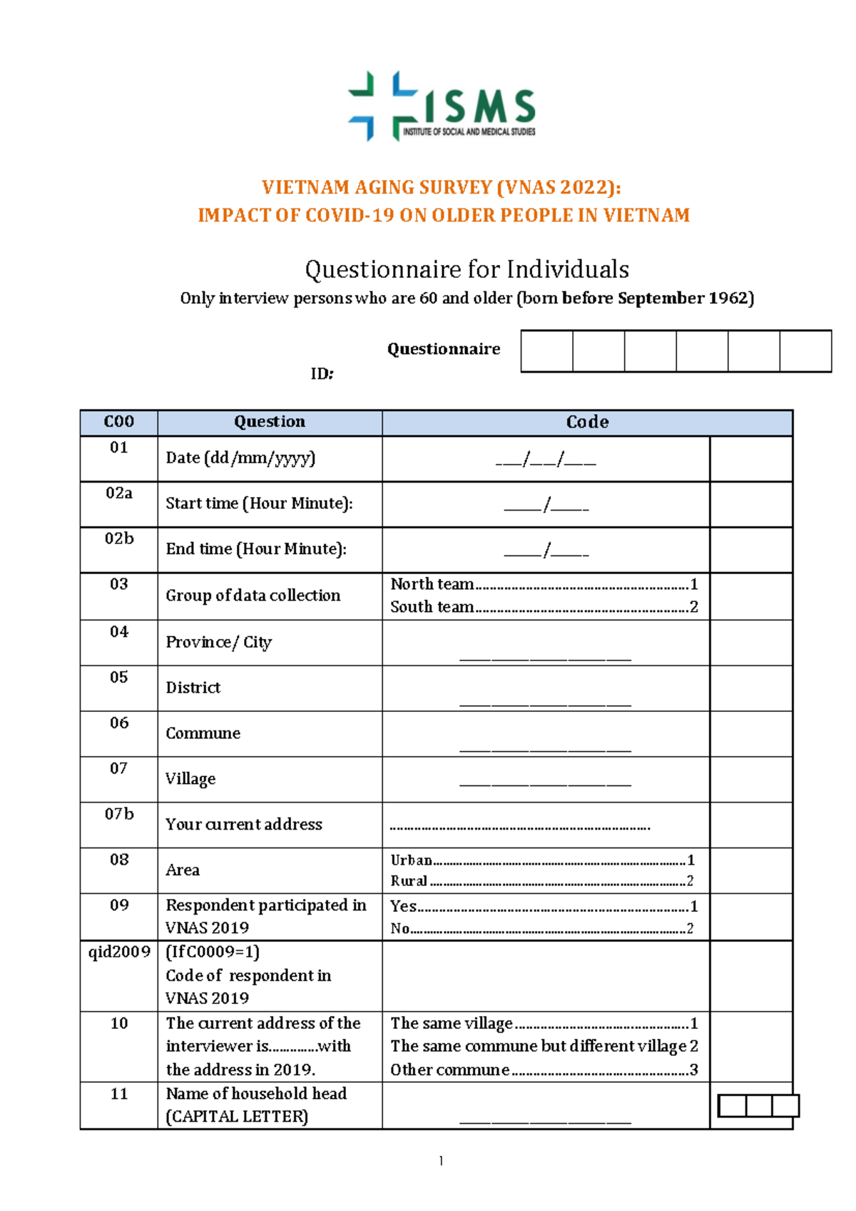 VNAS 2022: Questionnaire on Aging Impact for Individuals 60+ in Vietnam ...