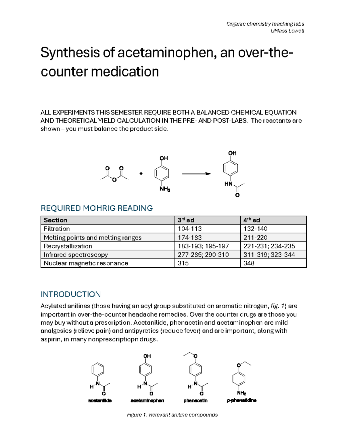 UMass Lowell Organic Chemistry Lab: Synthesis of Acetaminophen ...