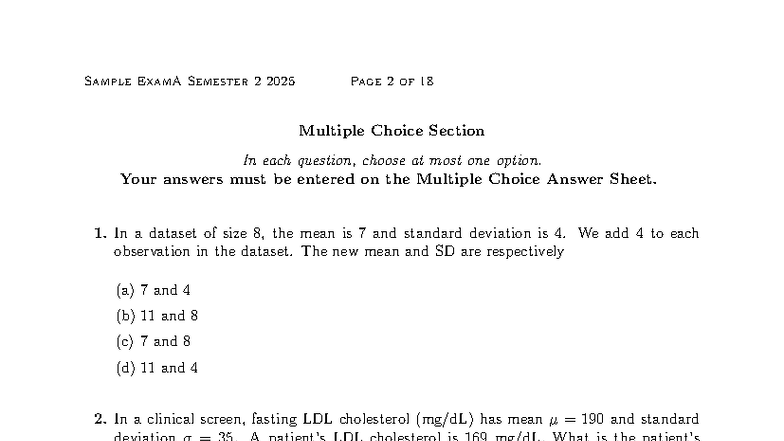 MATH1062 Stats 2025 Sample Exam - Multiple Choice & Extended Answers ...