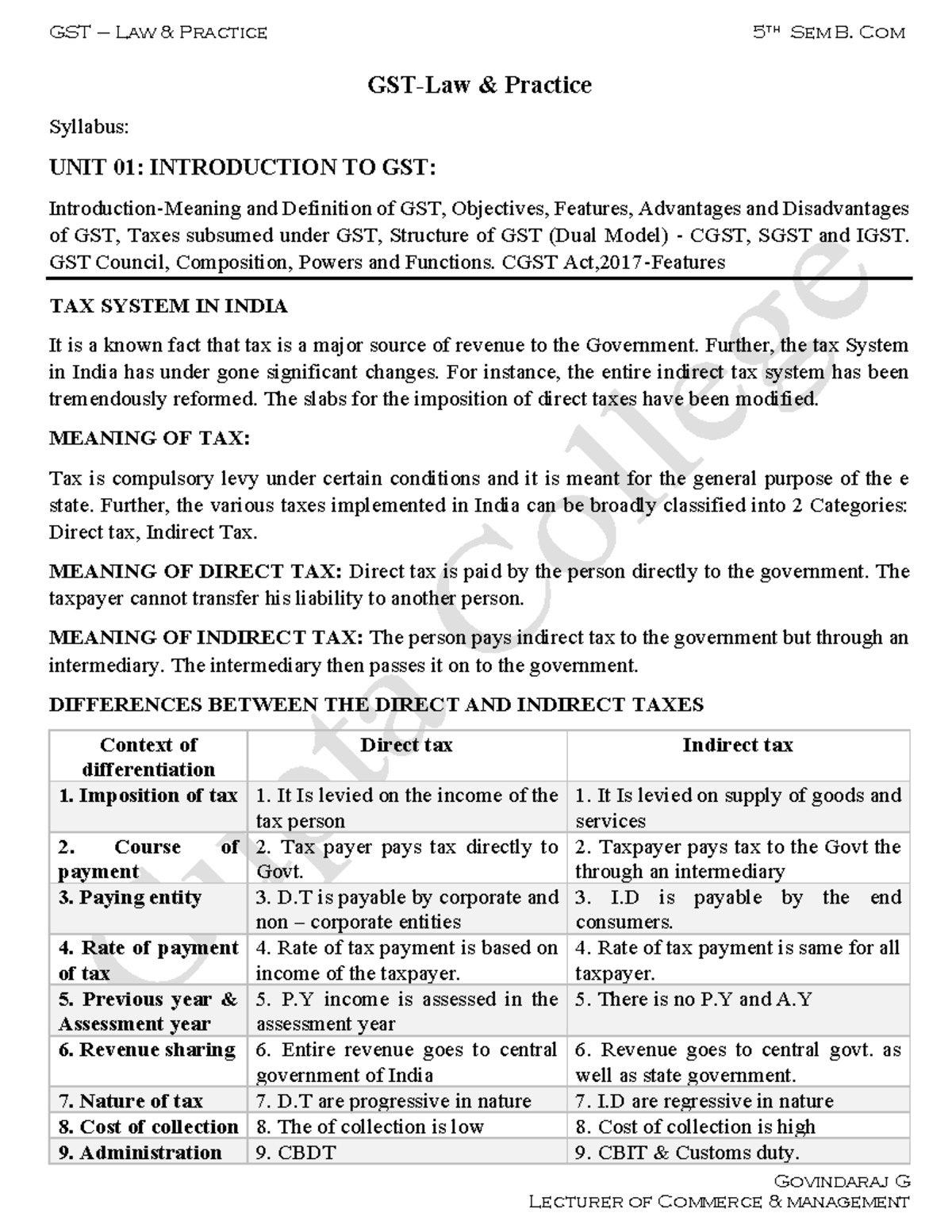 GST Law Practice 5th Sem B. Com - Unit 1 Notes on GST Fundamentals ...