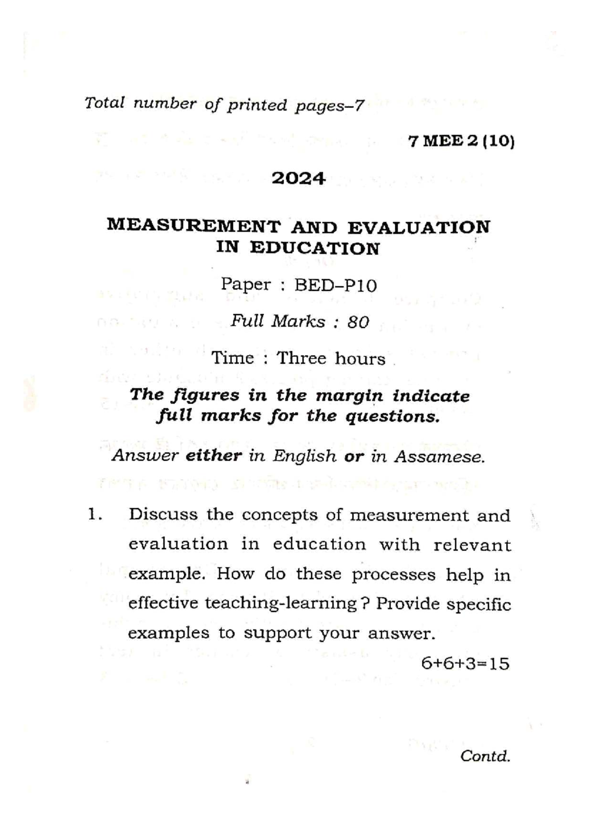 Measurement and Evaluation in Education 7 MEE 2 - Exam Paper 2024 - Studocu