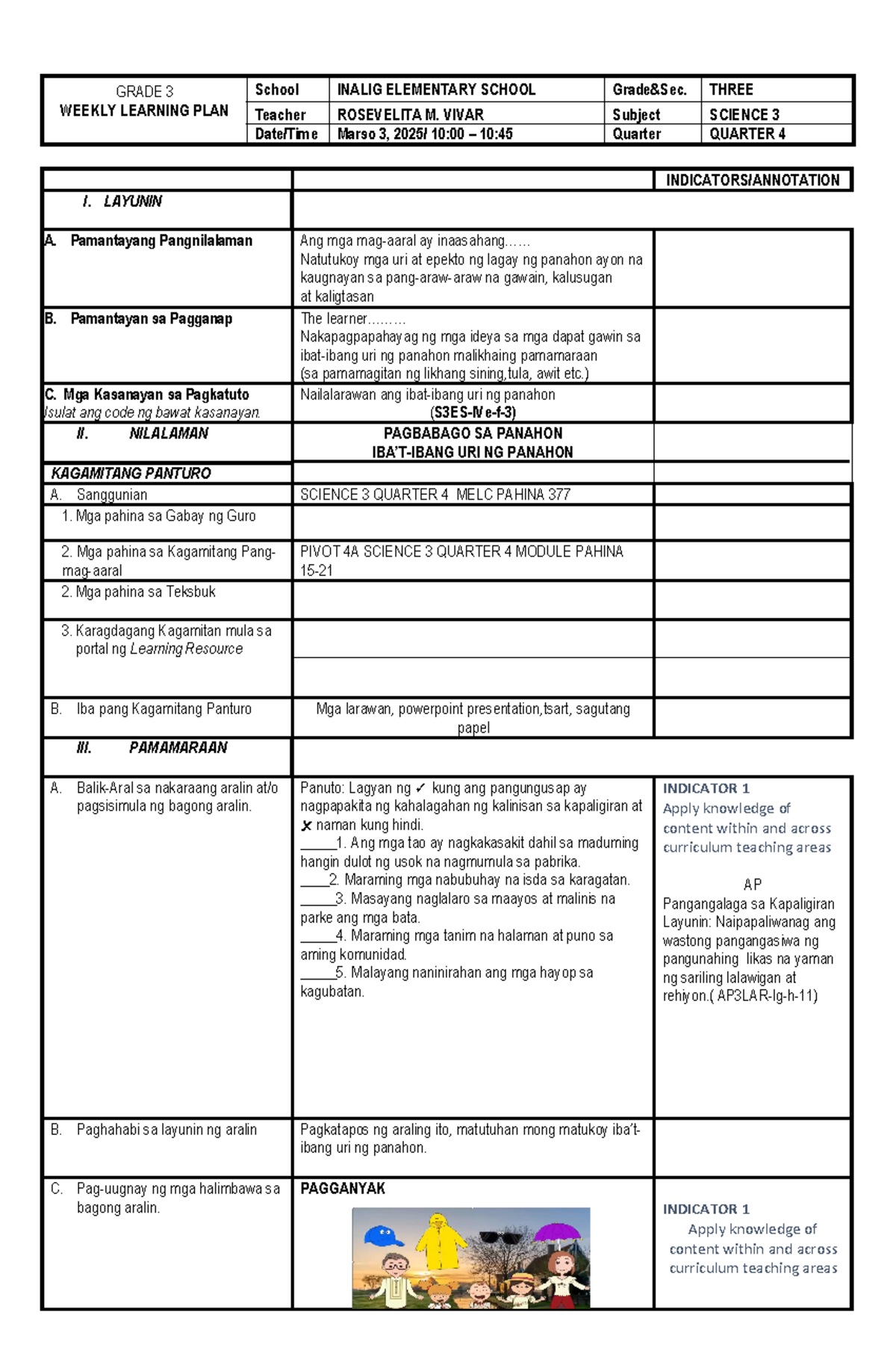 Q4 Science 3 WEEK 3 4 DLL URI NG Panahon - GRADE 3 WEEKLY LEARNING PLAN ...