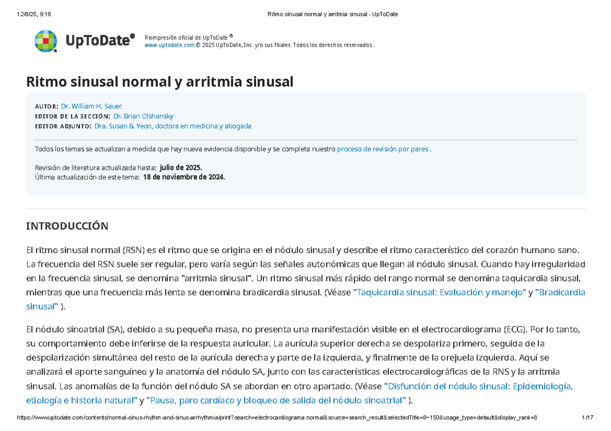 Ritmo Sinusal Normal y Arritmia Sinusal - UpToDate 2025 - Studocu