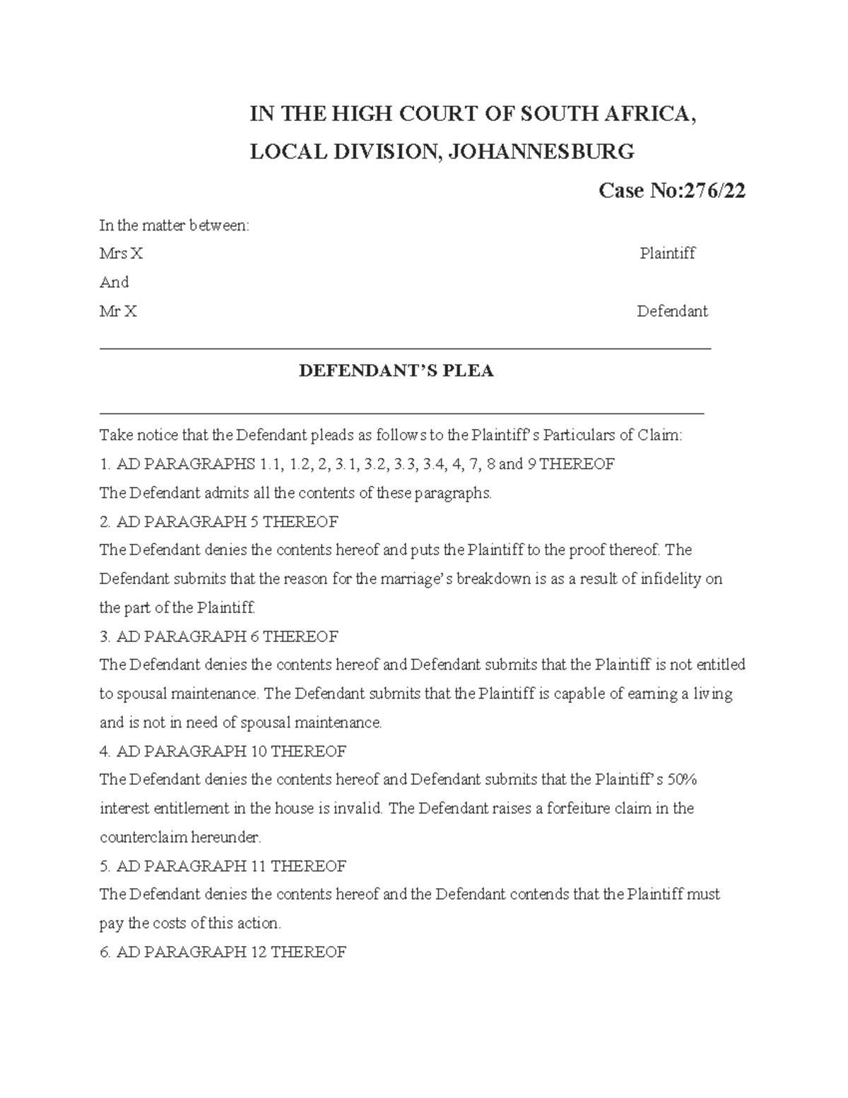 Plea and Counterclaim: Analysis of Defendant's Response in Court Case ...
