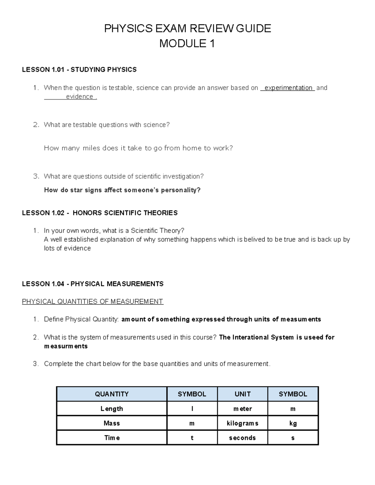 PHYSICS 1 MODULE 1 EXAM REVIEW GUIDE: KEY CONCEPTS & QUESTIONS - Studocu