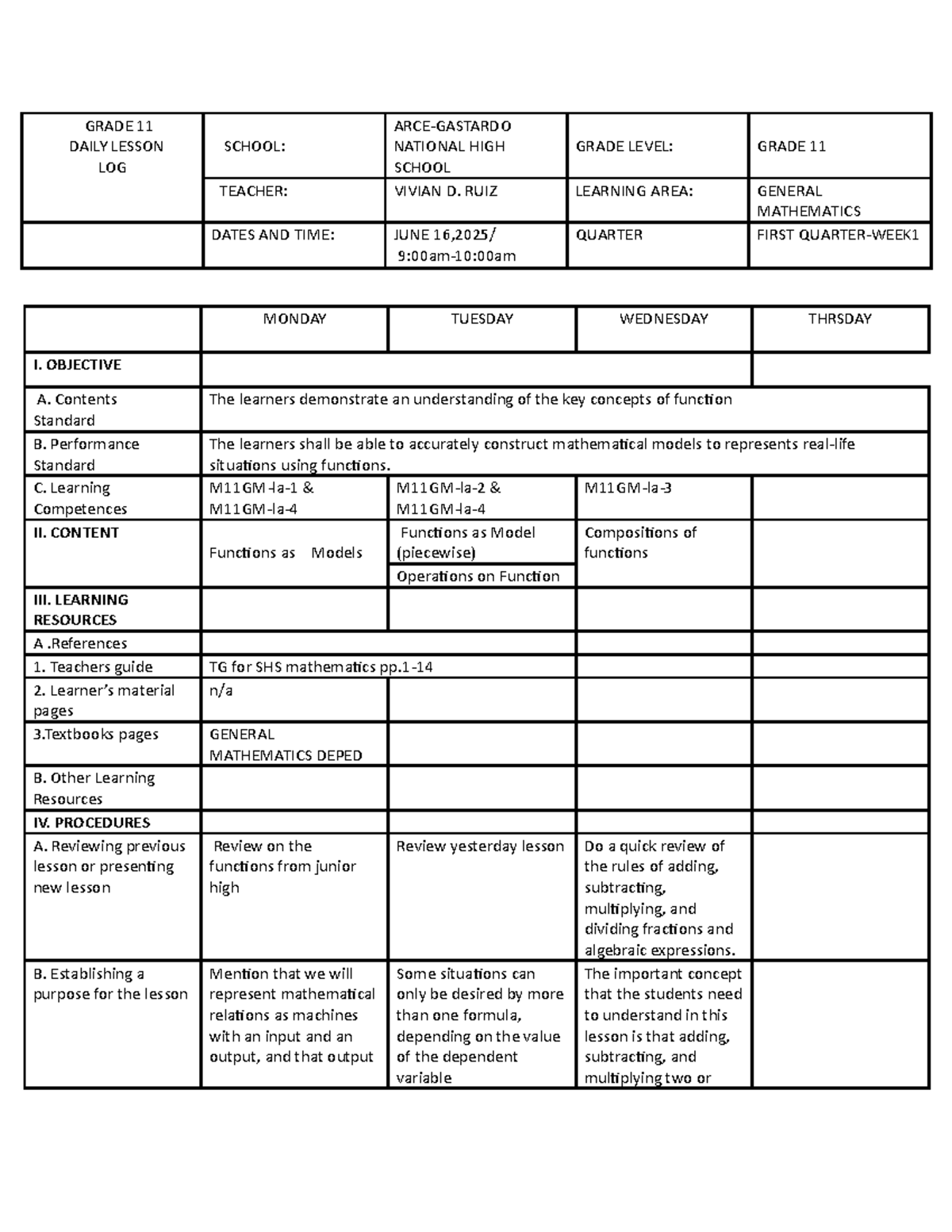 GRADE 11 GENERAL MATHEMATICS DAILY LESSON LOG - JUNE - Studocu