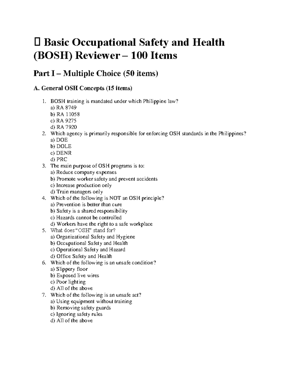 BOSH Reviewer: 100-Item MCQ on Occupational Safety & Health - Studocu