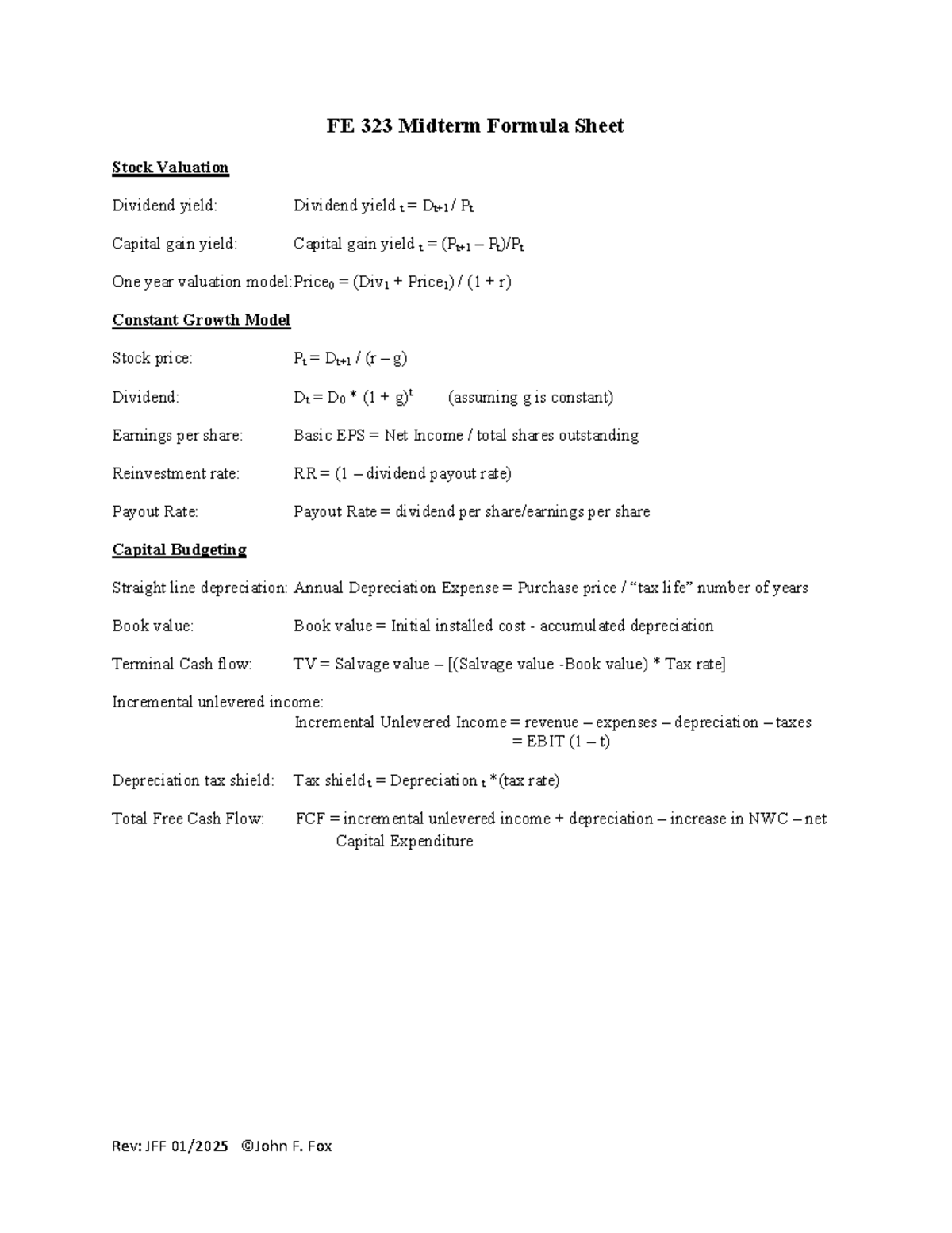 FE 323 Midterm Formula Sheet: Stock Valuation & Capital Budgeting - Studocu