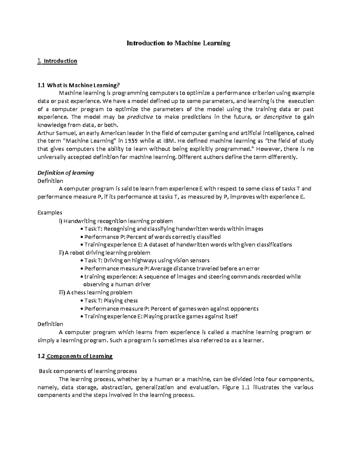 Machine Learning Notes: Introduction to ML Concepts and Models - Studocu