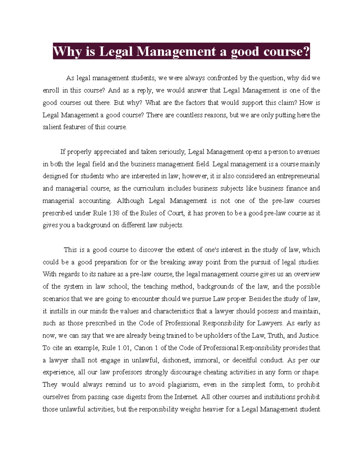 Legal Management: The Value of a Unique Course in Law and Business ...